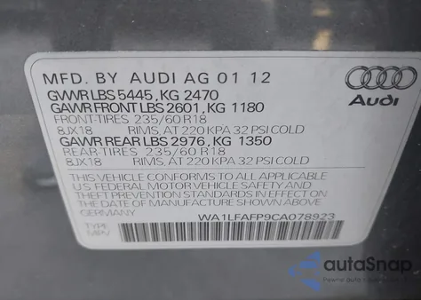 2012 Audi Q5 2.0T Premium from USA, damaged, VIN WA1LFAFP9CA078923